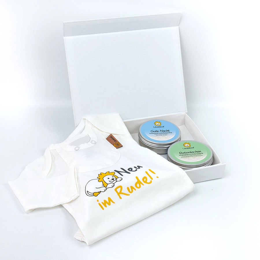 Geschenkset mit bedrucktem Body "Neu im Rudel" und zwei Kräuterpad-Dosen (Rotznäschen und Gute-Nacht)