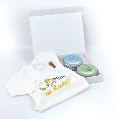 Geschenkset mit bedrucktem Body "Neu im Rudel" und zwei Kräuterpad-Dosen (Rotznäschen und Gute-Nacht)