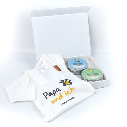Geschenkset mit bedrucktem Body "Papa und ich" und zwei Kräuterpad-Dosen (Rotznäschen & Gute-Nacht)