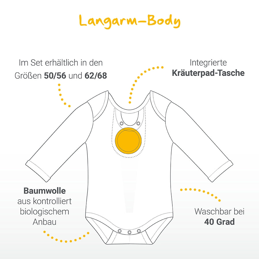 Body in verschiedenen Größen und mit integrierter Kräuterpad-Tasche. Aus kontrolliert biologischem Anbau und bis 40° waschbar