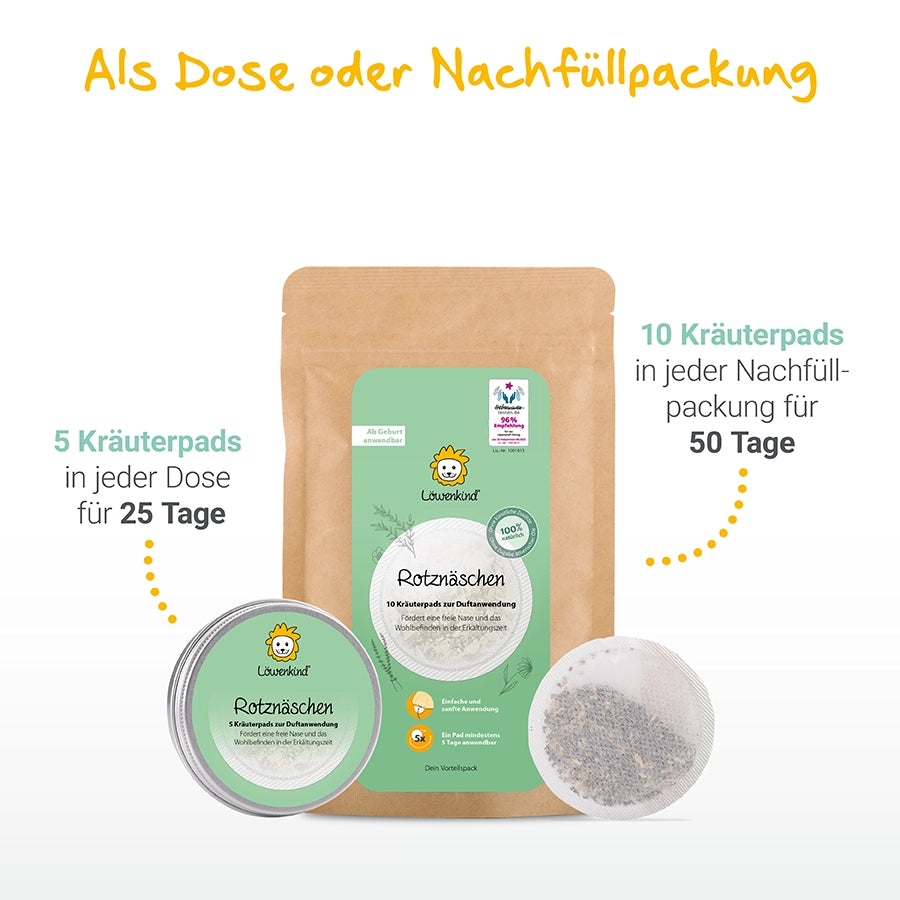 Rotznäschen Pad in 5er Dose (25 Tage) oder in 10er Nachfüllpackung (50 Tage)