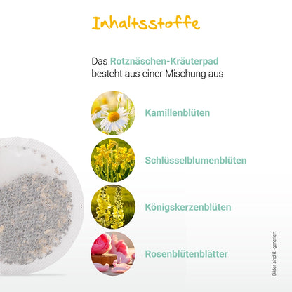 Rotznäschen-Kräuterpads mit Kamillenblüten, Schlüsselblumenblüten, Königskerzenblüten und Rosenblütenblättern.