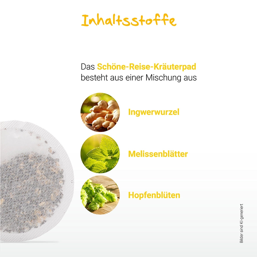 Schöne-Reise-Pad mit Ingwerwurzel, Melissenblätter und Hopfenblüten