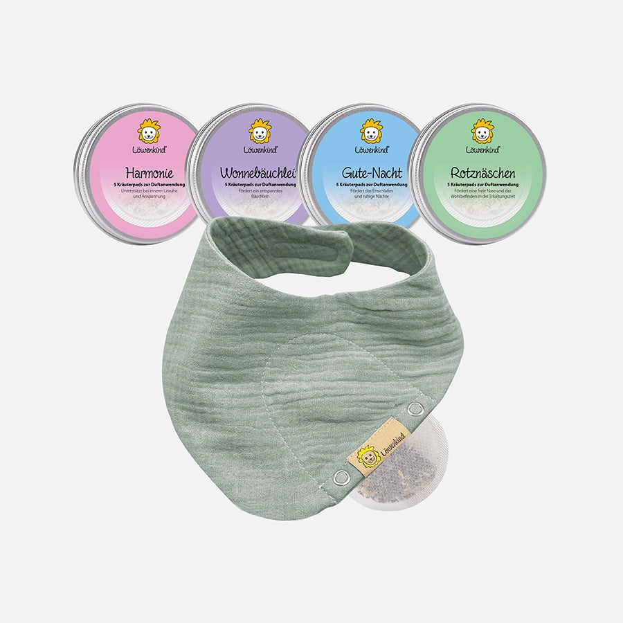 Startklar-Special mit Musselin-Halstuch Mini Pistazie und vier Kräuterpad-Dosen (Rotznäschen, Gute-Nacht, Harmonie und Wonnebäuchlein)