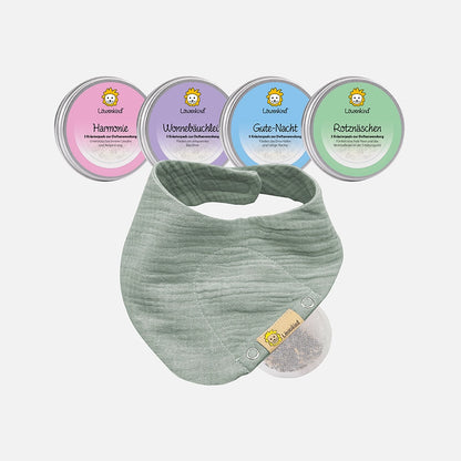 Startklar-Special mit Musselin-Halstuch Mini Pistazie und vier Kräuterpad-Dosen (Rotznäschen, Gute-Nacht, Harmonie und Wonnebäuchlein)