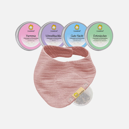 Startklar-Special mit Musselin-Halstuch Mini Altrosa und vier Kräuterpad-Dosen (Rotznäschen, Gute-Nacht, Harmonie und Wonnebäuchlein)