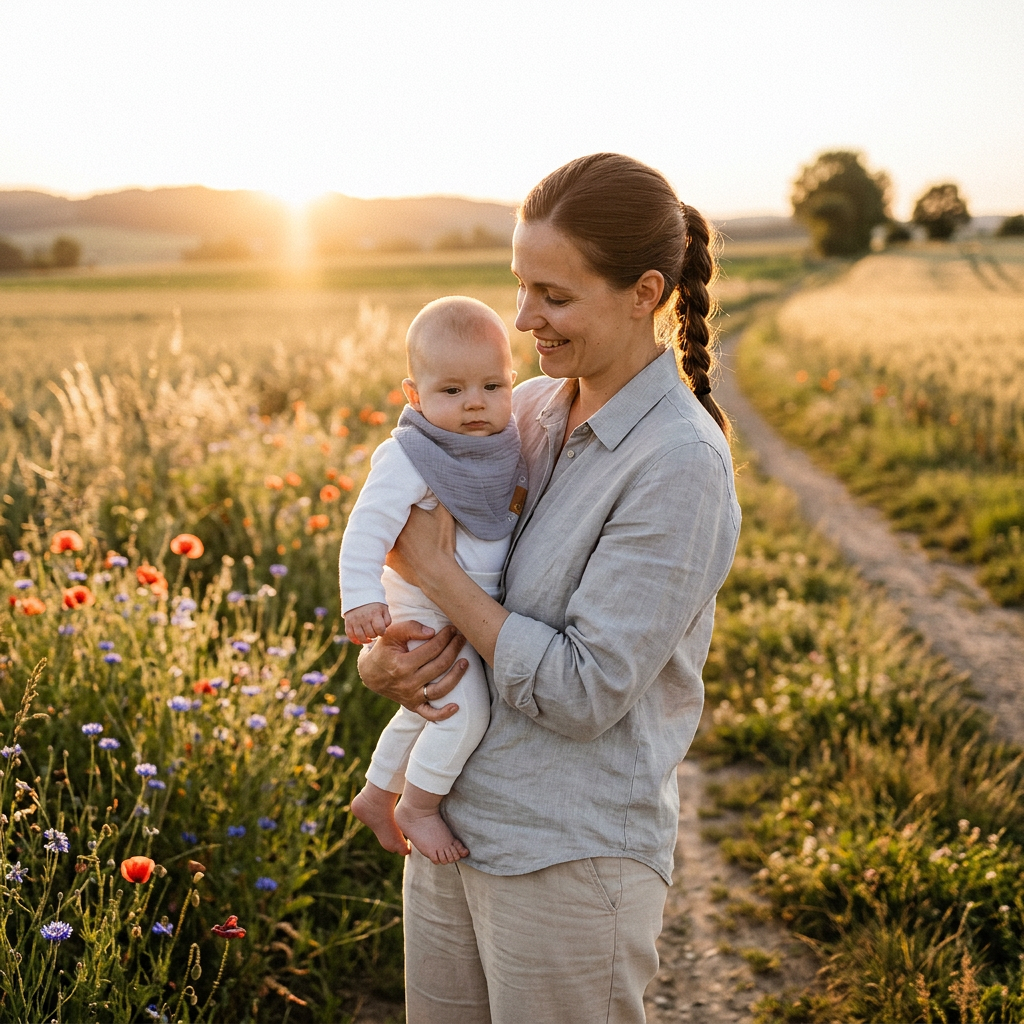 Mutter hält Baby im Arm auf einem Feld bei Sonnenuntergang
